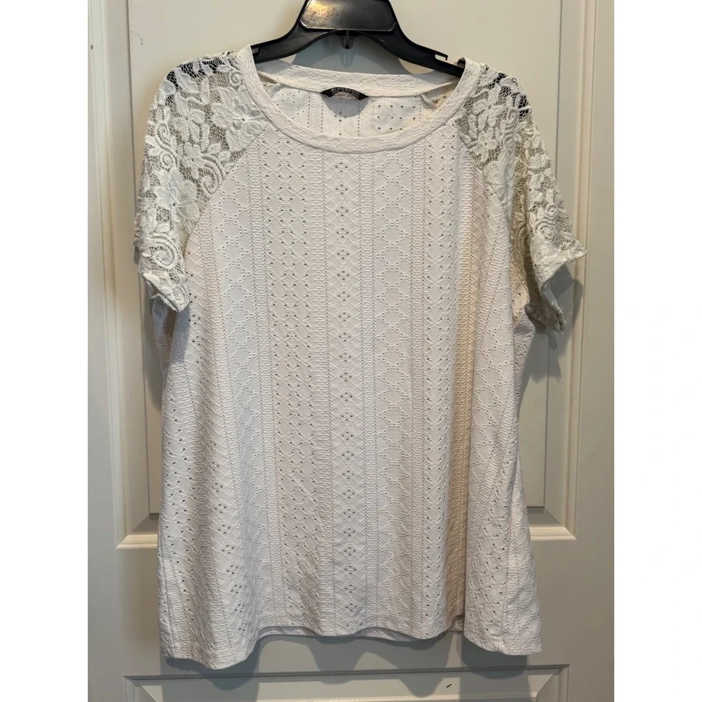 BloomChic Womens XL Cream Pointelle Knit Top Floral Lace Raglan Sleeve Boho - Picture 1 of 5
